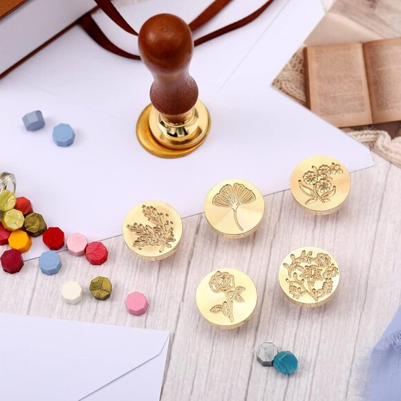 Wax Seal Stamp Gift Box Set 6 Sealing Stamp Heads 1 Wooden Hilt Floral Elegant B - Picture 3 of 10